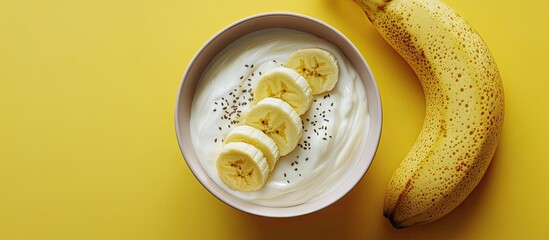 Poster - Healthy breakfast idea featuring banana pudding with chia seeds in a white bowl, yellow background, fresh banana on the side, top view, vibrant colors.