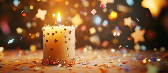 Poster - vibrant candle adorned with gold stars surrounded by colorful confetti and sparkling lights creating