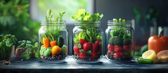 Poster - Freshly harvested vegetables in glass jars arranged on a wooden table vibrant greens reds and yellows with natural light highlighting healthy produce