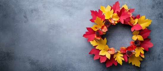 Aufkleber - Vibrant autumn-themed wreath featuring yellow and red paper leaves on a textured gray wall background creating a seasonal DIY ambiance.