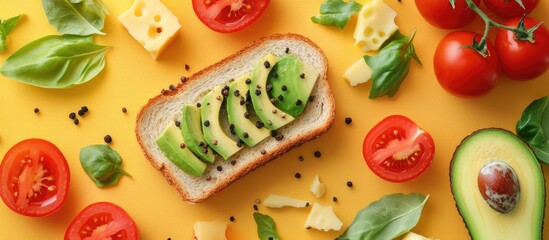 Poster - Colorful flat lay of ripe green avocado slices on toasted bread with cherry tomatoes and basil on a vibrant yellow background. Rustic wooden table.