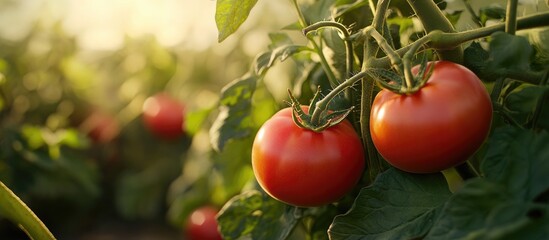 Poster - Vibrant red organic tomatoes on lush green vines in a sunny garden showcasing natural cultivation for health-conscious meals