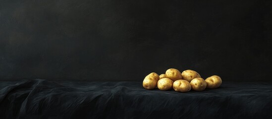 Poster - Fresh uncooked golden potatoes arranged on a dark textured surface with deep shadows emphasizing their natural color and rustic appeal.