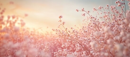 Poster - Delicate Gypsophila Baby's Breath flowers in soft pink and pastel hues create a dreamy landscape under a serene sky at sunset.
