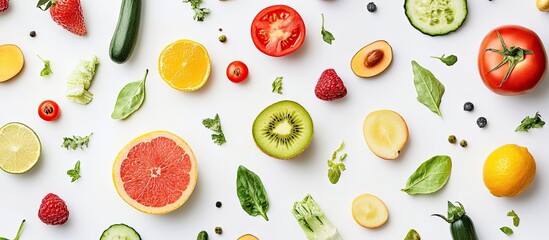 Poster - Vibrant arrangement of fresh raw fruits and vegetables on a white background with circular slices of kiwi grapefruit orange and green cucumber pieces