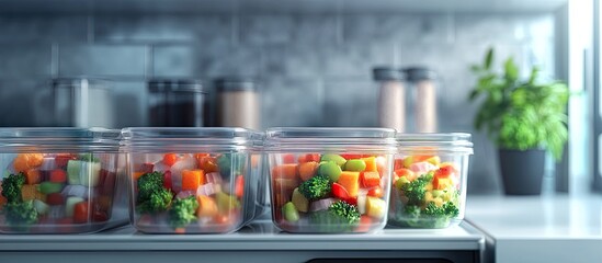 Aufkleber - Freshly prepared colorful vegetable meal prep in clear glass containers lined on a kitchen counter with plants and storage jars in background.