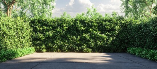 Poster - Lush green hedge enclosure with dark black corner plants creating a vibrant boundary around a light gray concrete area under a bright sky