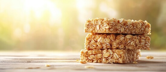 Poster - Vegan granola bars stacked on a wooden table with a soft golden sunlight background creating a warm and inviting atmosphere in the image.