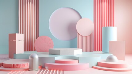 Poster - a pink and blue room with a lot of different shapes and objects