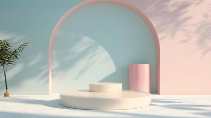 Poster - a white round object sitting on a white pedestal in front of a pink wall