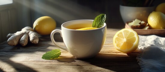 Poster - Lemon and ginger tea in a white cup with mint leaves on a rustic wooden table surrounded by fresh lemons and ginger roots in soft natural light.
