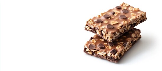 Aufkleber - Chocolate granola bars stacked on a clean white background featuring a variety of oats and dark chocolate chips in a tempting arrangement.