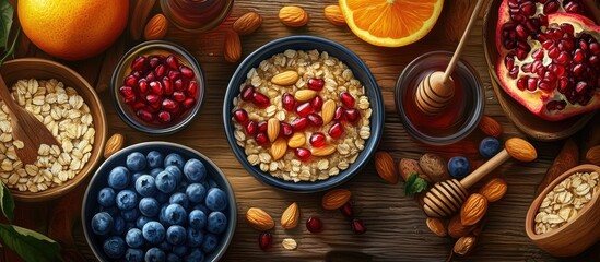 Aufkleber - Colorful overhead arrangement of vibrant ingredients including oats, red beans, blueberries, honey, oranges, and almonds on rustic wooden surface.
