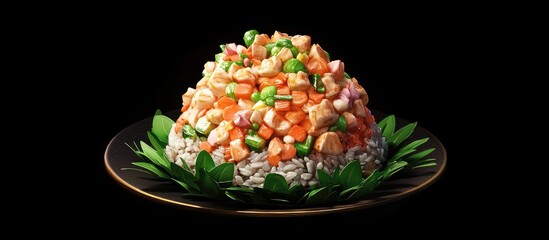 Poster - Vibrant colorful salad mound featuring diced vegetables and rice on a dark background with an elegant green leaf base layered beneath.