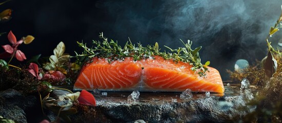 Poster - Vibrant salmon fillet on a stone surface garnished with fresh herbs featuring green and red foliage creating a natural and appetizing scene