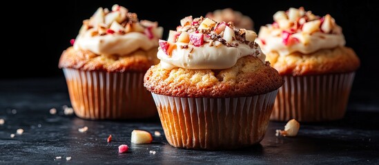 Poster - Deliciously decorated cupcakes with creamy frosting and nuts on a dark countertop, featuring warm golden tones and vibrant contrasting colors.