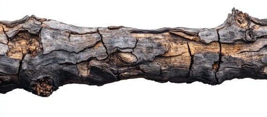 Leinwandbilder - Dry, textured wooden log with deep cracks, showcasing shades of dark brown and grey against a white background; ideal for nature or rustic themes.