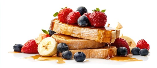 Poster - Delicious stack of French cinnamon toast topped with fresh blueberries raspberries and banana drizzled with maple syrup against a white background
