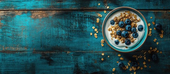 Aufkleber - Rustic blue wooden background showcasing a downward view of Greek yogurt topped with blueberries and granola in a ceramic bowl