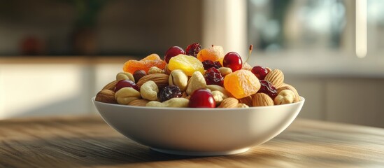 Aufkleber - Colorful bowl of mixed nuts and dried fruits including almonds, cashews, pineapple, apricot, cherry, and cranberry on a wooden table, well-lit background