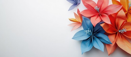 Aufkleber - Exotic origami flowers in vibrant blue, coral, and orange arranged on a clean white background creating a soft, artistic composition.