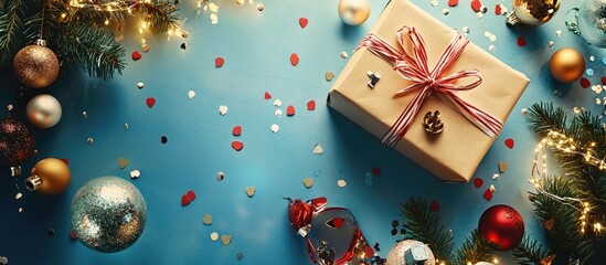 Aufkleber - Festive holiday banner showcasing a golden gift box with a red bow atop a blue table surrounded by colorful confetti and ornaments