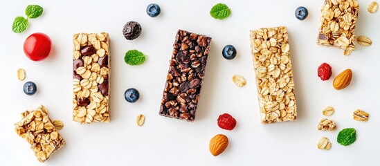 Poster - Granola bars with blueberries, almonds, cherries, and mint scattered on a white background showcasing healthy snacks and colorful ingredients