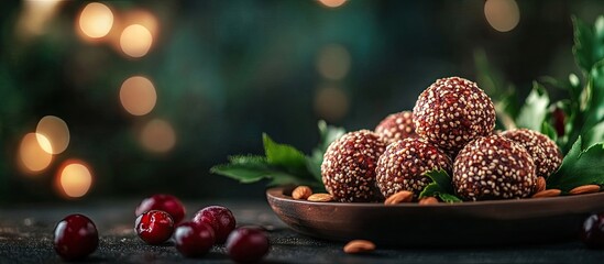 Aufkleber - Handmade raw vegan protein energy balls with sesame seeds and cranberries arranged on a dark wooden plate surrounded by green leaves and soft bokeh lights.