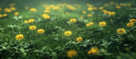 Poster - Vibrant green field filled with blooming yellow dandelions, captured in a close-up with soft focus background, showcasing spring's beauty.