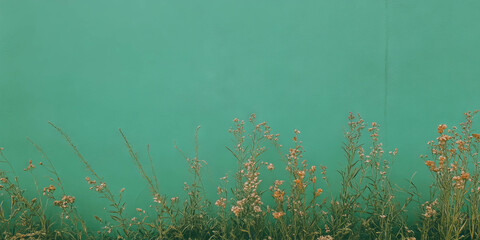 Aufkleber - Green textured wall with grainy finish and wildflowers at the base