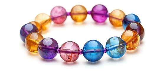 Colorful glass beads bracelet with vibrant purple, orange, and blue beads arranged in a circular shape on a clean white background.