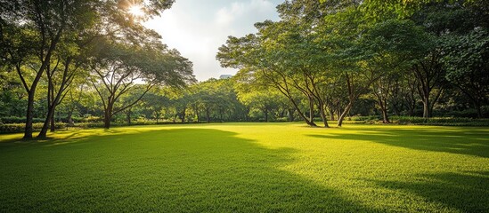 Leinwandbilder - Lush green lawn surrounded by trees under soft sunlight creating a serene natural landscape with vibrant hues and tranquil atmosphere.
