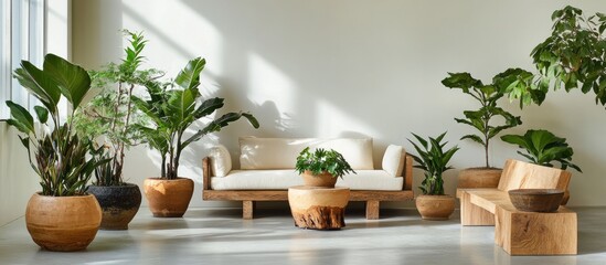 Poster - Minimalist living room featuring beige sofa with wooden accents surrounded by lush green plants in natural pots creating a tranquil and soothing ambiance