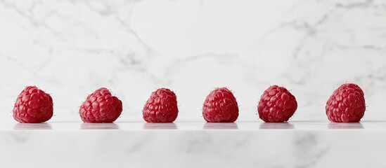 Poster - Vibrant red raspberries lined up on a reflective surface against a clean white marble backdrop highlighting their texture and freshness.