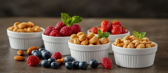 Aufkleber - Colorful bowls filled with fresh raspberries blueberries strawberries and mixed nuts arranged centrally on a rustic wooden table against a dark background