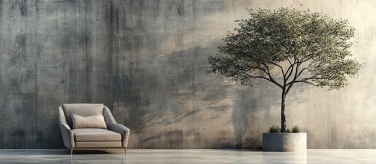 Poster - Modern interior with a gray tree in a minimalist room featuring a textured wall and a cozy armchair on a polished floor, ample copy space available.