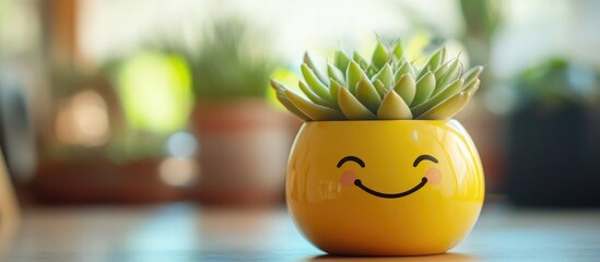 Poster - Happy yellow succulent pot with smiley face on a wooden table, blurred green plants in the background, soft natural lighting, vibrant colors.