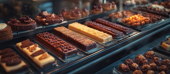 Aufkleber - Assorted gourmet chocolates and pastries displayed in sleek glass cases, featuring rich browns, creamy whites, and vibrant textures, showcasing indulgence.