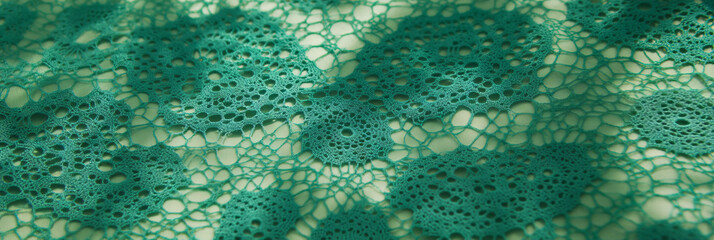 Poster - Intricate green crocheted tablecloth showcasing delicate lace pattern and texture