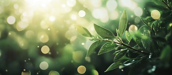 Leinwandbilder - Vibrant green leaves with raindrops glistening in soft sunlight creating an ethereal bokeh background of soft green and gold hues.