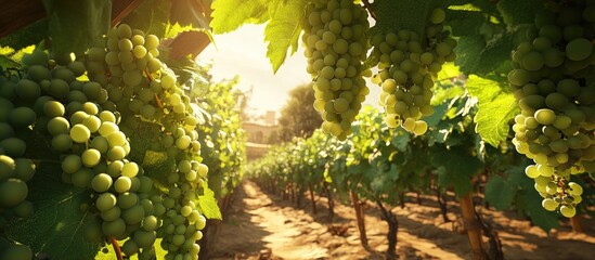 Aufkleber - Vibrant green grape clusters glisten under warm sunlight in lush vineyard rows with golden rays illuminating the rich landscape and foliage.