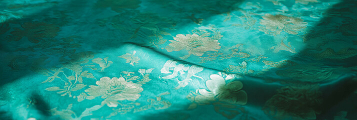 Poster - Rich green damask tablecloth featuring an ornate woven design and deep texture