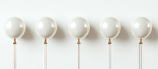 Aufkleber - Elegant arrangement of five white helium balloons with gold accents on thin strings, set against a soft white background for a festive atmosphere.