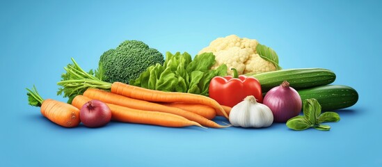 Poster - Bright colorful vegetables arranged artfully on a smooth blue background, featuring carrots, broccoli, zucchini, lettuce, and garlic for healthy meals.