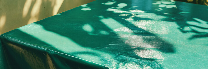 Poster - Bright green oilcloth tablecloth with textured waterproof surface illuminated by sunlight