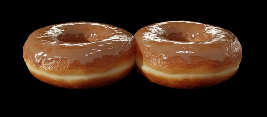 Poster - Gourmet glazed donuts with a shiny caramel coating placed on a black background showcasing rich textures and ample space for promotional text.