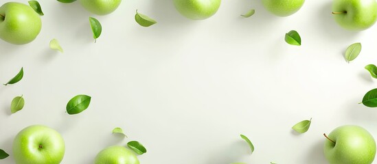 Poster - Fresh green Granny Smith apples scattered on a white background with green leaves around, arranged in a top view layout for a vibrant look.