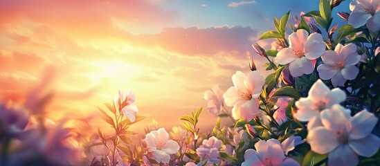Poster - Sunset sky with soft pink and orange hues illuminates jasmine flowers in full bloom, creating a serene atmosphere of love and unity.