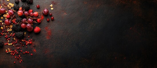 Aufkleber - Colorful mix of muesli and assorted berries scattered on a dark rustic background emphasizing healthy breakfast options and vibrant colors.