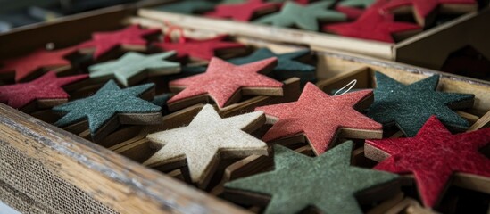 Poster - Colorful hand crafted holiday ornaments in red green and white star shapes arranged in wooden box with vintage scissors top view composition